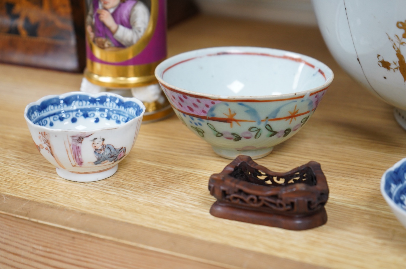 An 18th/19th century Chinese tea bowl and saucer, a punch bowl, two tea bowls and a Paris porcelain vase, largest 31cm